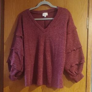 1.4.3. Story by Line Up Maroon V-Neck Sweater Burgundy W/ Ruffle Drop Sleeves